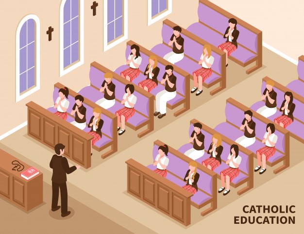 Catholic religious education priest and children during praying in church isometric illustration Free Vector